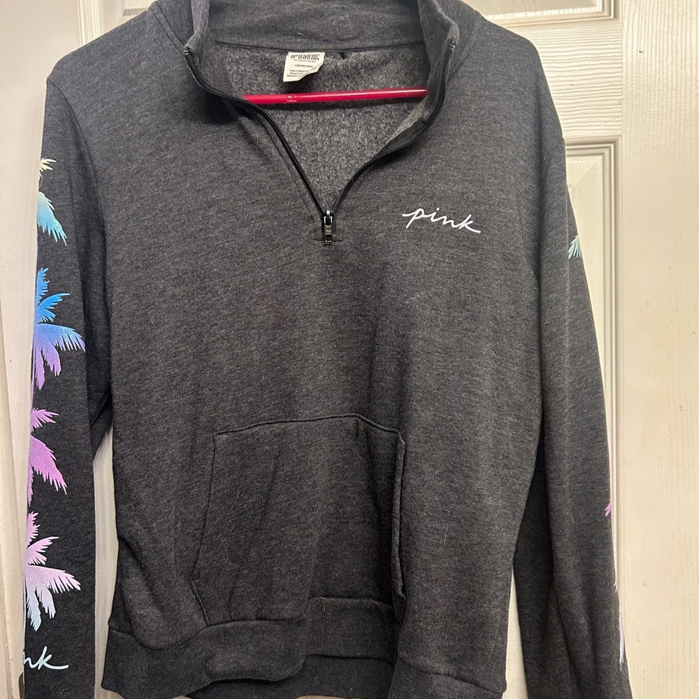 PINK Victoria's Secret Charcoal Sweatshirt with Pastel Palm Design